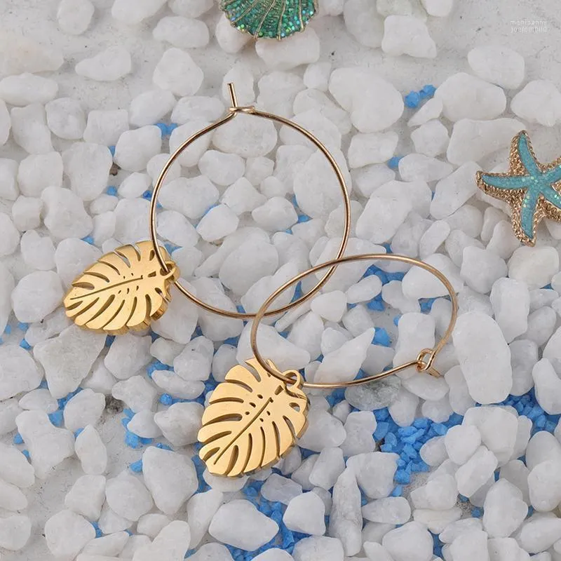 Hoop & Huggie Bohemian Palm Monstera Leaf Dangle Drop Earrings Stainless Steel Gold Plated Plant Earring Women Summer Sea Beach Jewelry Moni