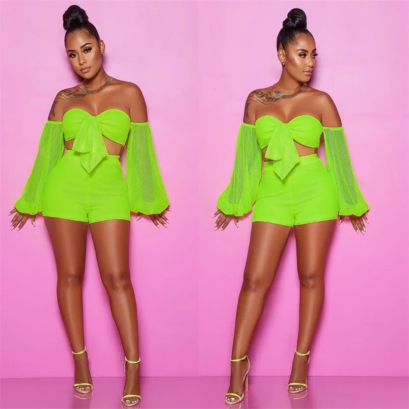 BKLD NEON GREEN SEXY SEX SET SETS BODYCON CLUB OPES 2019 SUMMER SELT SETT STET STERFING MESH CROP TOP SPRISS SETTS T200623