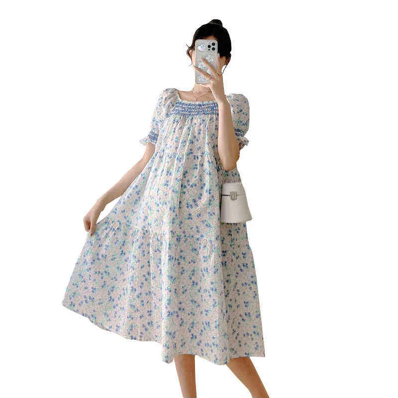 Pregnancy Clothes New Summer Fashion Flowers Printing Cute Maternity Dresses Puff Sleeves Square Collar Pregnant Women Dress J220628