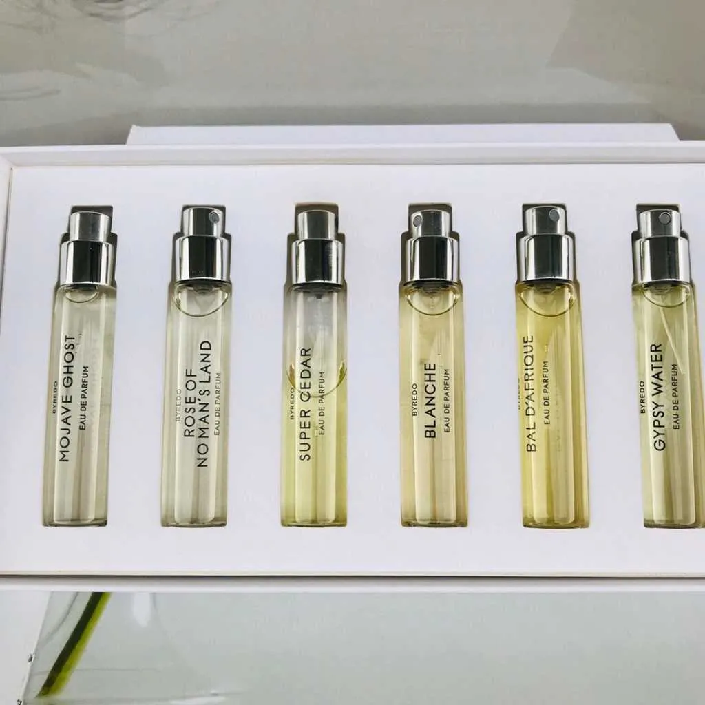 Byredo 향수 12ml 세트 6pcs 럭셔리 향수 슈퍼 삼나무 모하비 고스트 발 다프리케 로즈 가시 물 오드 파르 룸 여행 스프레이 in 1