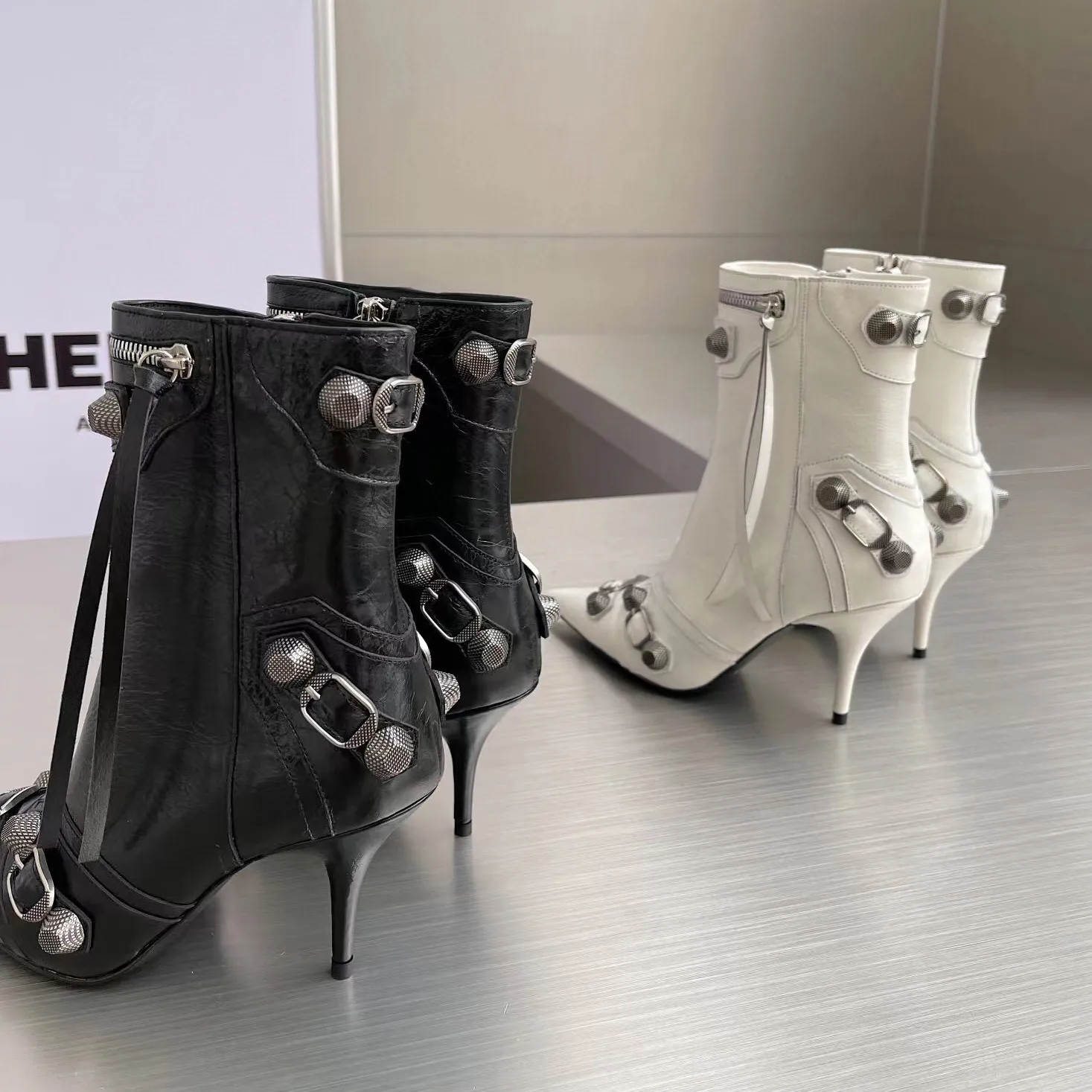 Boots New White Sheepskin Pointed High Heeled Boot Metal Buckle