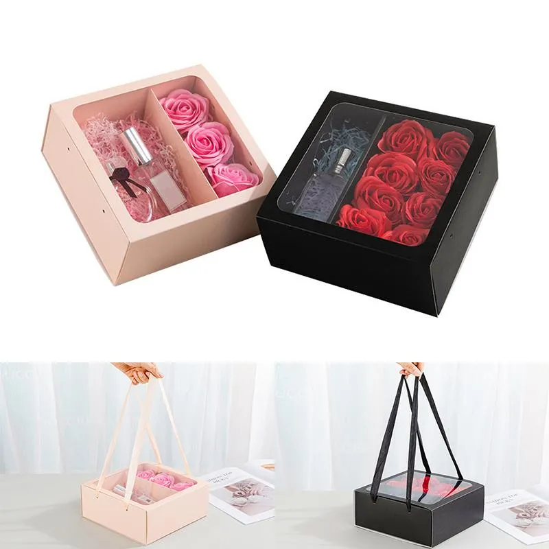 Confezione regalo 10 pezzi Scatole regalo per fiori portatili Finestra trasparente Compleanno Matrimonio Imballaggio rosa Scatola per rossetto romantico per San Valentino Regalo