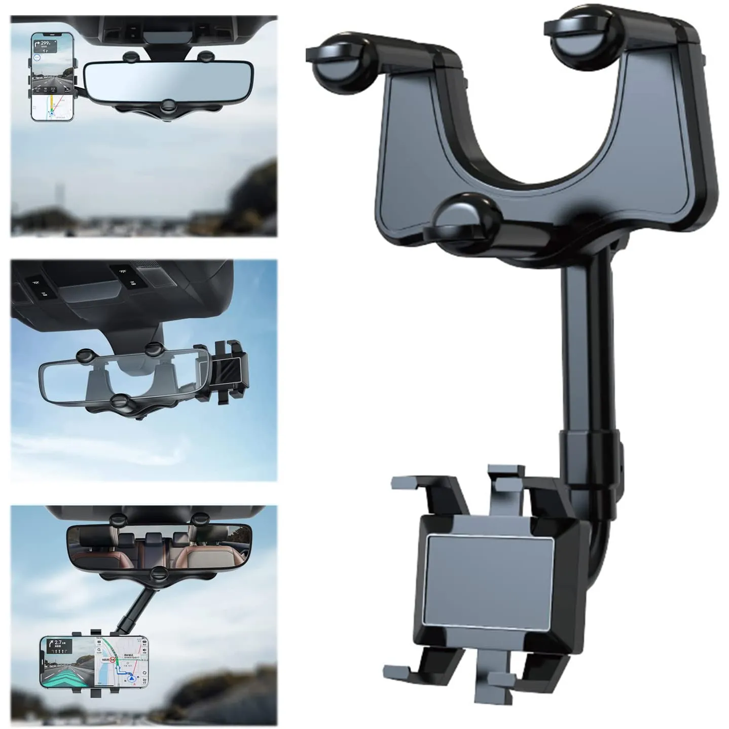 Cell Phone Holder for Car Rearview Mirror Retractable 360 Degree Rotation Navigation Bracket for iPhone15 Pro Max Samsung Google Smartphones