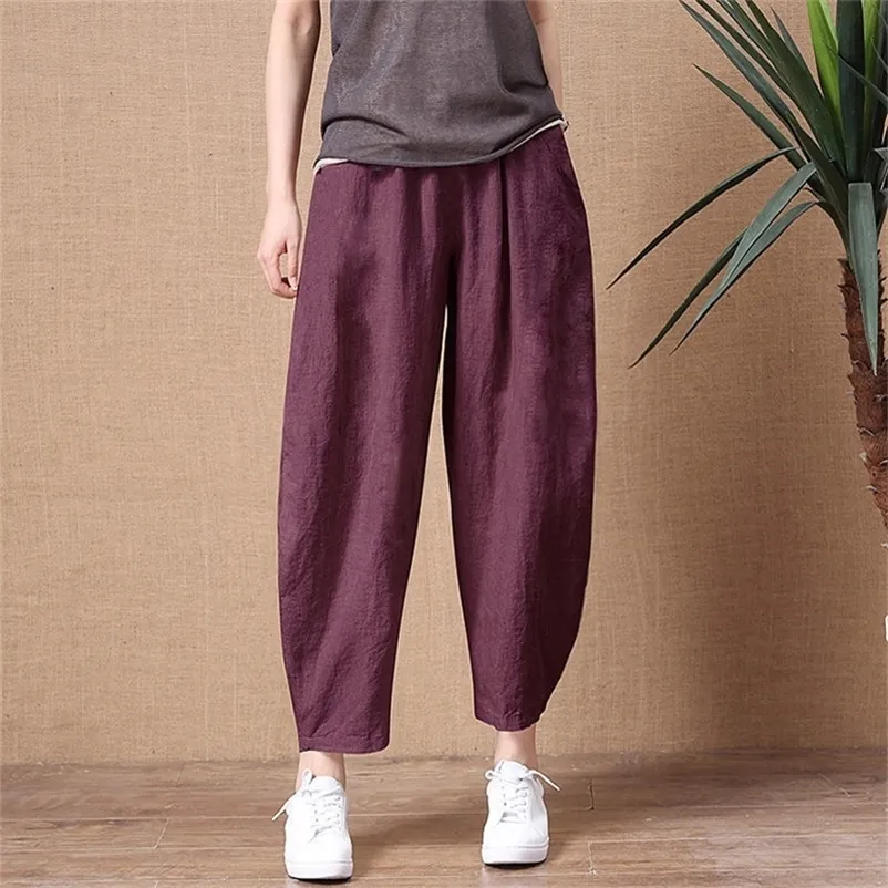 Shimai Women's Cotton Linen Pants Elastic Waist Vintage Pouncer