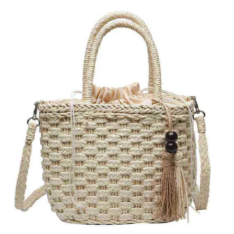LIUS Luxury Designer Bag Beach Straw Female Fashion National Style Literature and Art Tassel Bucket Leisure Woven Portable Shoulder handbag
