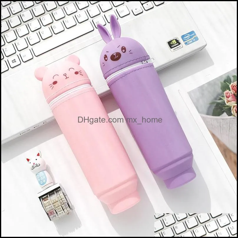 School Supplies Scalable Pencil Organizer Silicone Cute Rabbit Bear Pen Bags Colorful Large Capacity Student Stationery Bag DH1329