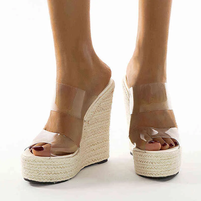Slippers Summer Pvc Transparent Peep Toe Cane Straw Weave Platform Wedges Sandals Women Fashion High Heels Female Shoes 220321