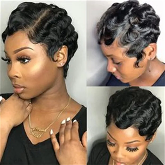 Brésilien Court Pixie Cut Perruque Perruques De Cheveux Humains Vraiment Mignon Doigt Vagues Coiffures pour Les Femmes Noires Full Machine Made Perruques