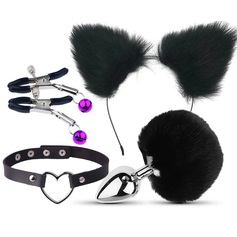 Massage BDSM Sexy oreille pince à cheveux pince à lait cour arrière plug anal appareils masculins et féminins fournitures de sexe sm métal amusant costume queue de renard