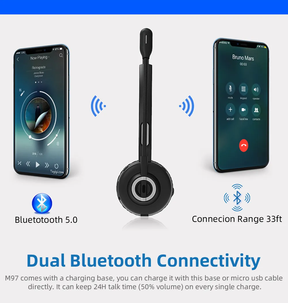 Monaural Bluetooth Wireless Noise Cancelling Headphones Call Center VOIP Headset for Office Telephone Operator with Microphone