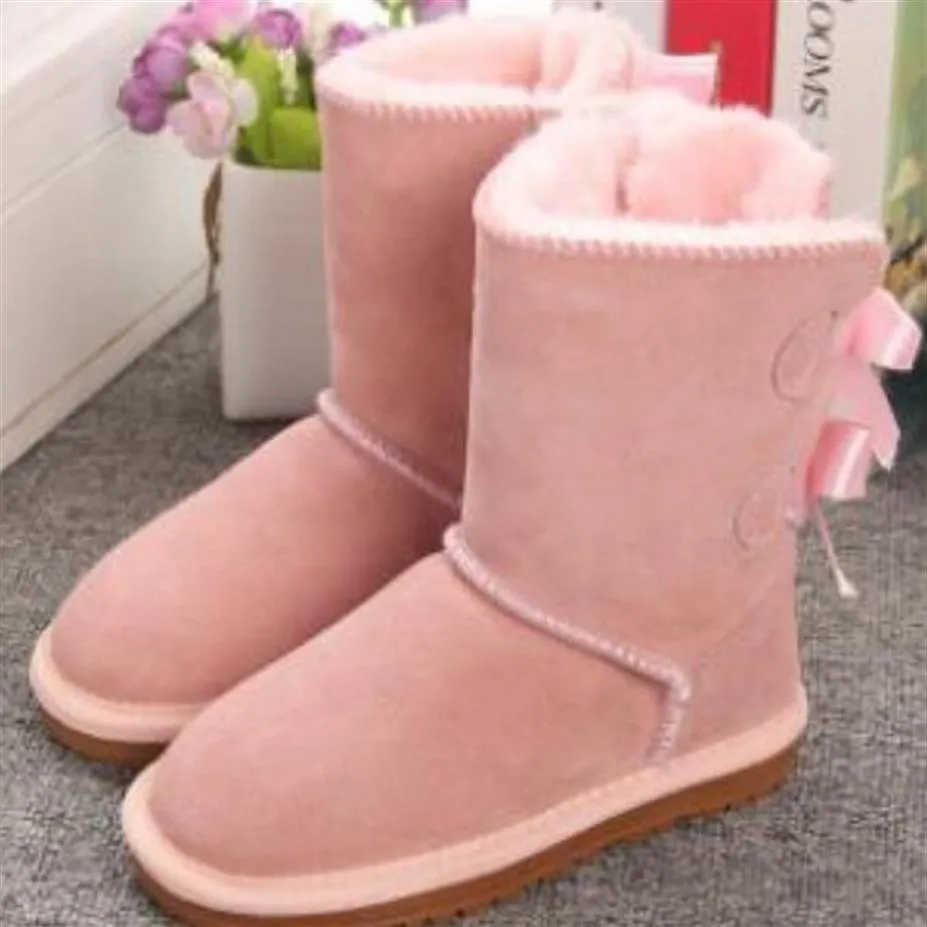 kids Bailey 2 Bows Boots Genuine Leather toddlers Snow Solid Botas De nieve Winter Girls Footwear Toddler Girls boots 989297L