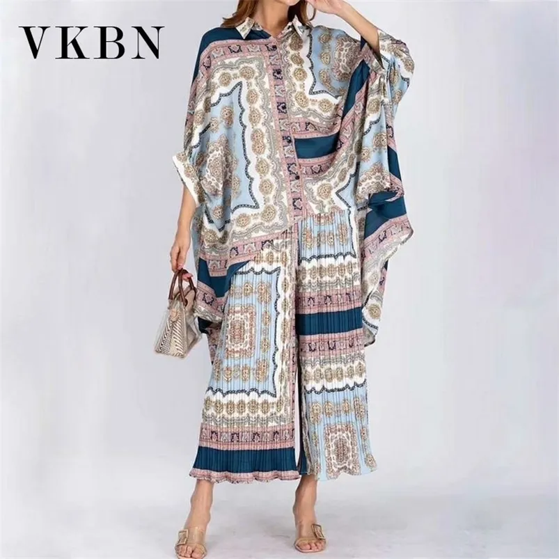 VKBN Spring Summer Set Top Top и брюки плюс размер Elastic Print Print Прямые брюки 2 штуки набор женщин Лето LJ201126