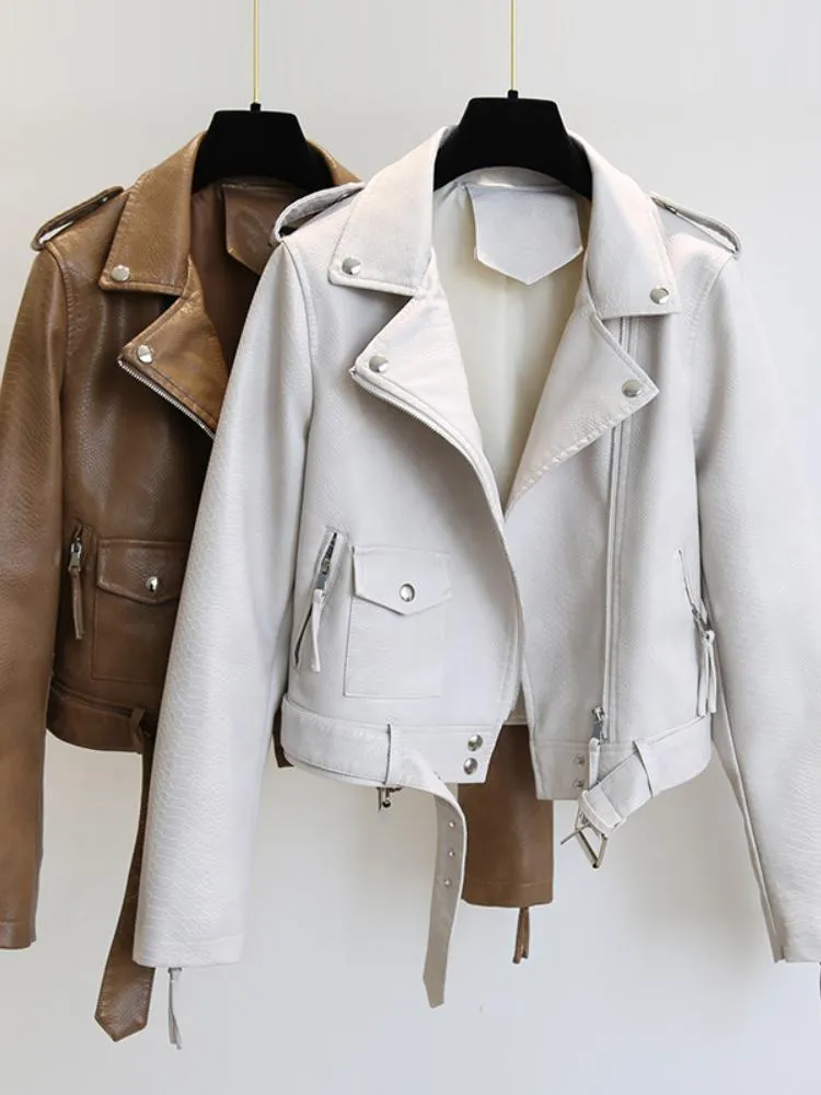 Women's Leather & Faux Ftlzz Spring Autumn Women Jacket Slim Streetwear Khaki Coat Biker Moto With Belt Female OuterwearWomen's