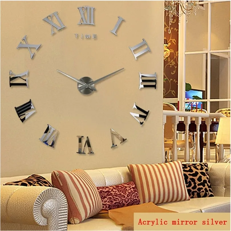 Diy Wanduhr 3D Home Decor Große Römische Spiegel Mode Moderne Quarz Kunst Uhren Wohnzimmer Uhr 220426