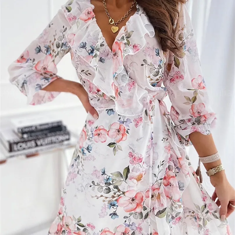 Dicloud Summer Women Dress Elegant Sexy Boho Floral Print Chiffon Autumn Long Sleeve White Ruffle Party Day Ladies Vestido 220516