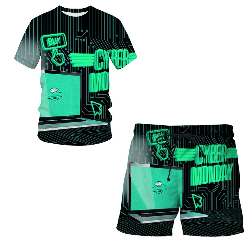 Verão tecnologia móvel 3d impressão casual treino masculino terno de manga curta camiseta esportes shorts 2 peça conjunto 220624