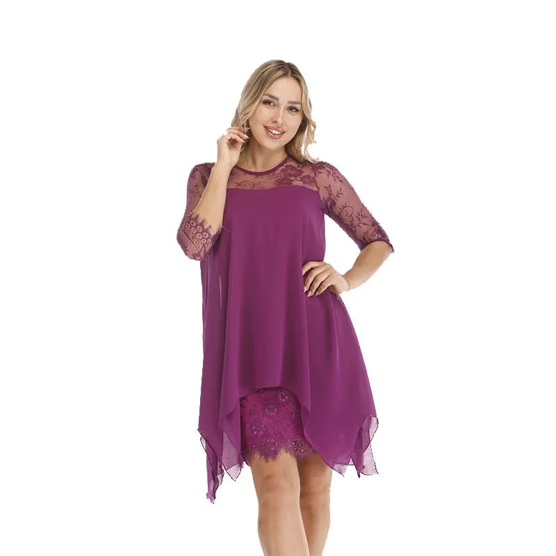 Casual Dresses Elegant Solid Stitching Dress Women Fashions Semi Sheer Lace Party Half Sleeves Irregular Hem Vestido Plus Size S-5XLCasual
