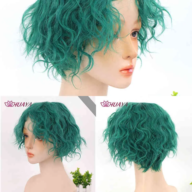 Nxy Huaya Men's Green Short Corn Wave Synthetic Wig for Male Boy Cosplay Anime Daily Party Heat Resistant 220622