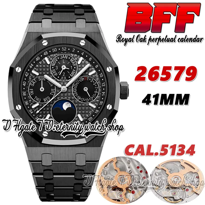 BFF bf26579 Complicated Function Cal.5134 bf5134 Automatic Mens Watch 41mm Moon Phase Black Textured Dial Stick Markers PVD Steel Bracelet Super eternity Watches