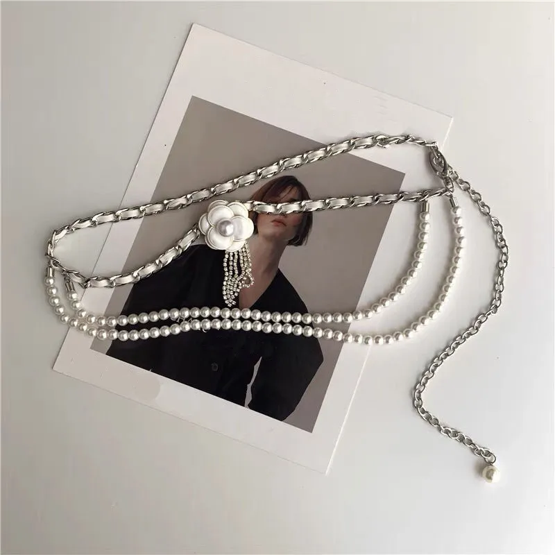 Fashion Metal Waist Chain Womens Belt Luxury Pearl Chain Camellia Decorative Vintage Designer Brand Belt