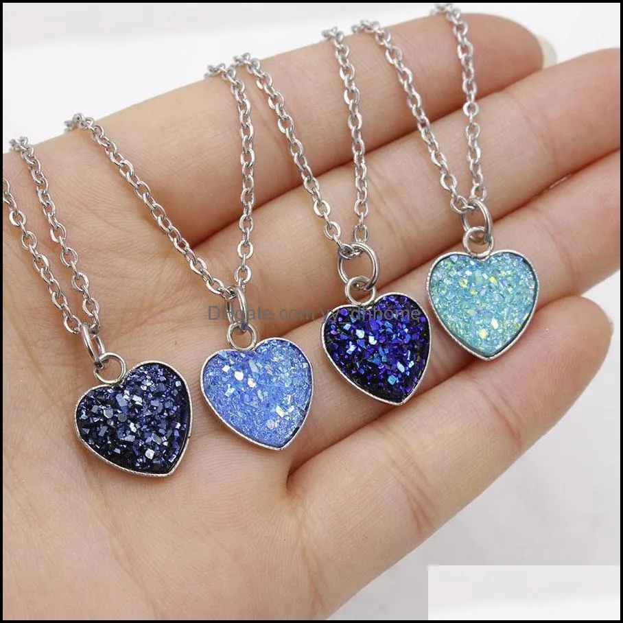 Fashion Popular Druzy Necklace Stainless steel Gevometry Resin Stone Drusy Heart Necklace For women jewelry