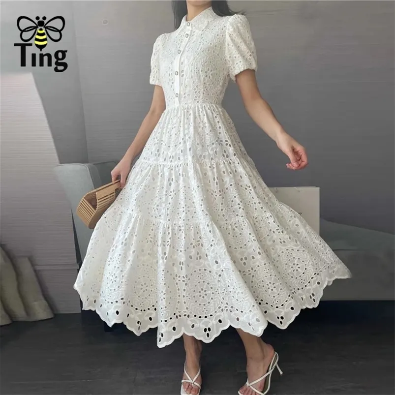 Tingfly Vintage femmes élégantes été broderie évider Midi longues robes dame Boho une ligne robes Elbise robes Za 226014