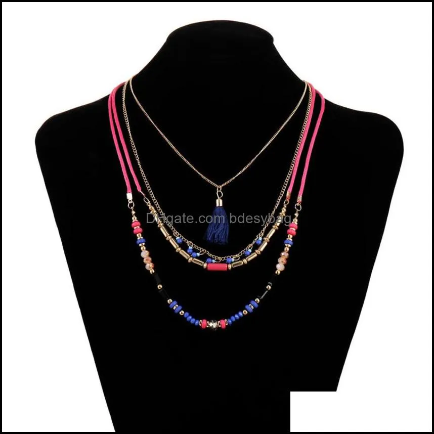 bohemian fashion ethnic style multi layer rice bead chain tassel pendant holiday necklace zemz