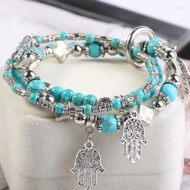 Charm Bracelets Hamsa For Women Turquesa And Silver Color Layered Bohemian Boho Stones Beads Bracelet 3 Pieces/set LotCharm Inte22