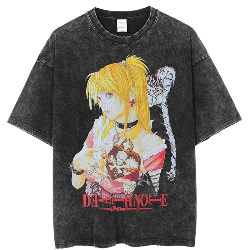 ハラジュクTシャツメンヒップホップビンテージウォッシュアニメグラフィック特大Tシャツ男性用ストリートウェアティー100％コットンTシャツ220707