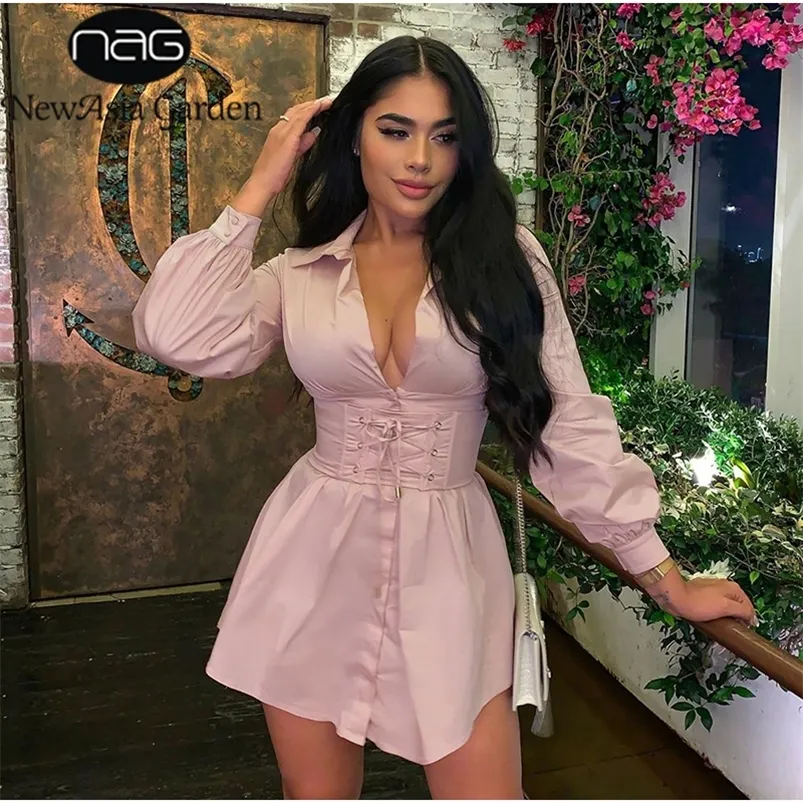 NewAsia Long Sleeve Shirt Dress With Corset Belt Casual Dress Women Vintage Sexy Dress Pink Fashion Party Dresses White New LJ200808