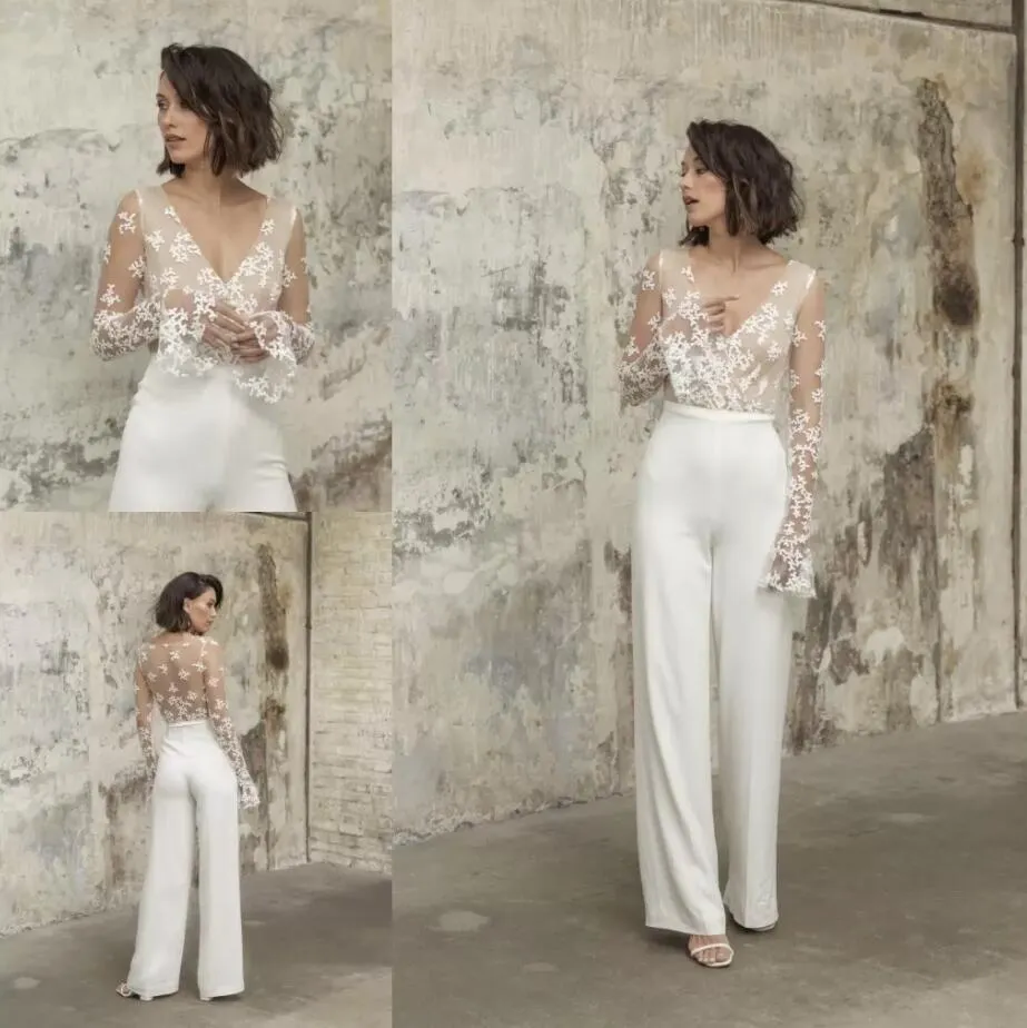 Één stks 2022 jumpsuits bruids outfit strand trouwjurken enkel lengte kant lange mouwen bruiden receptie jurken schede boho vrouwen broek pak