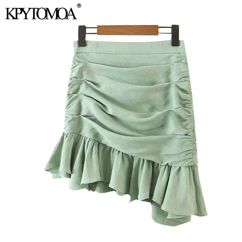 KPYTOMOA Women Chic Fashion med draperad rufsad asymmetrisk minikjol Vintage Hög midja Baksäckare Kvinnliga kjolar Mujer 210311