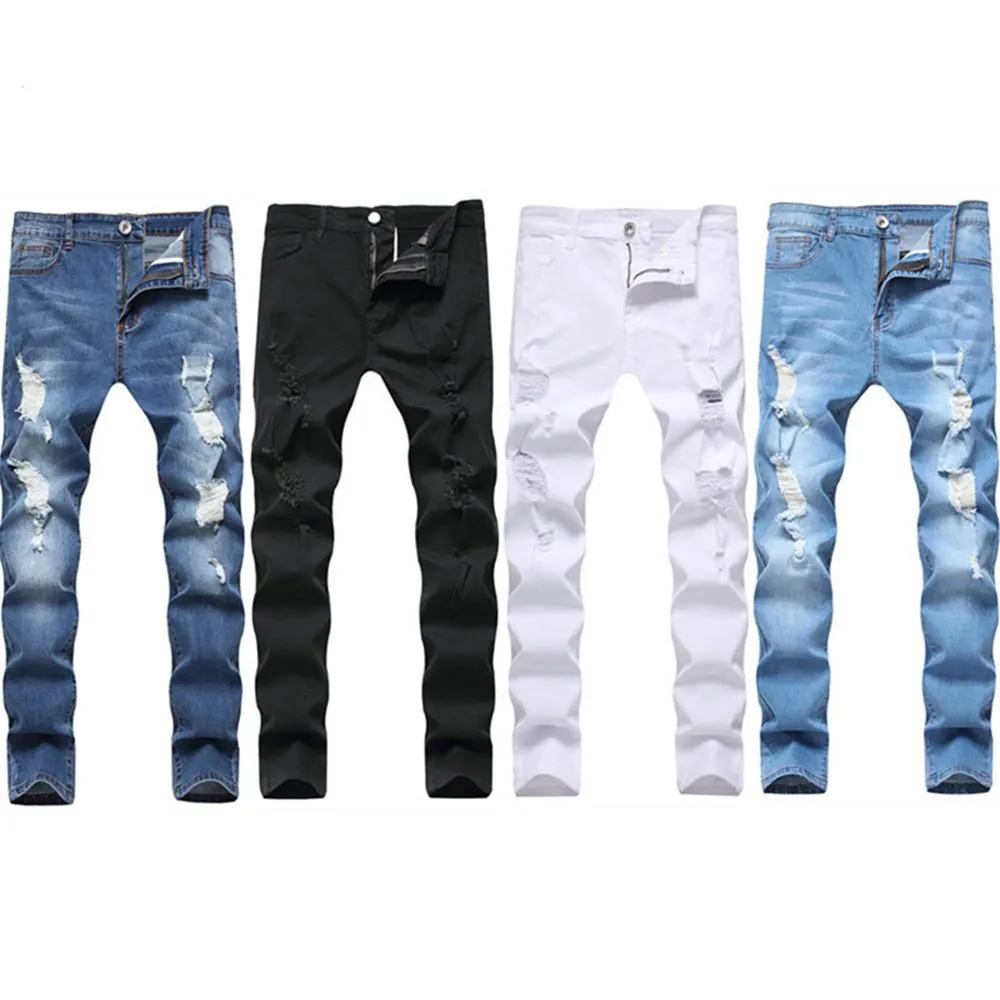 Jeans masculinos sweatpants sexy buraco calças casuais masculino rasgado calças magras magro motociclista outwears2752