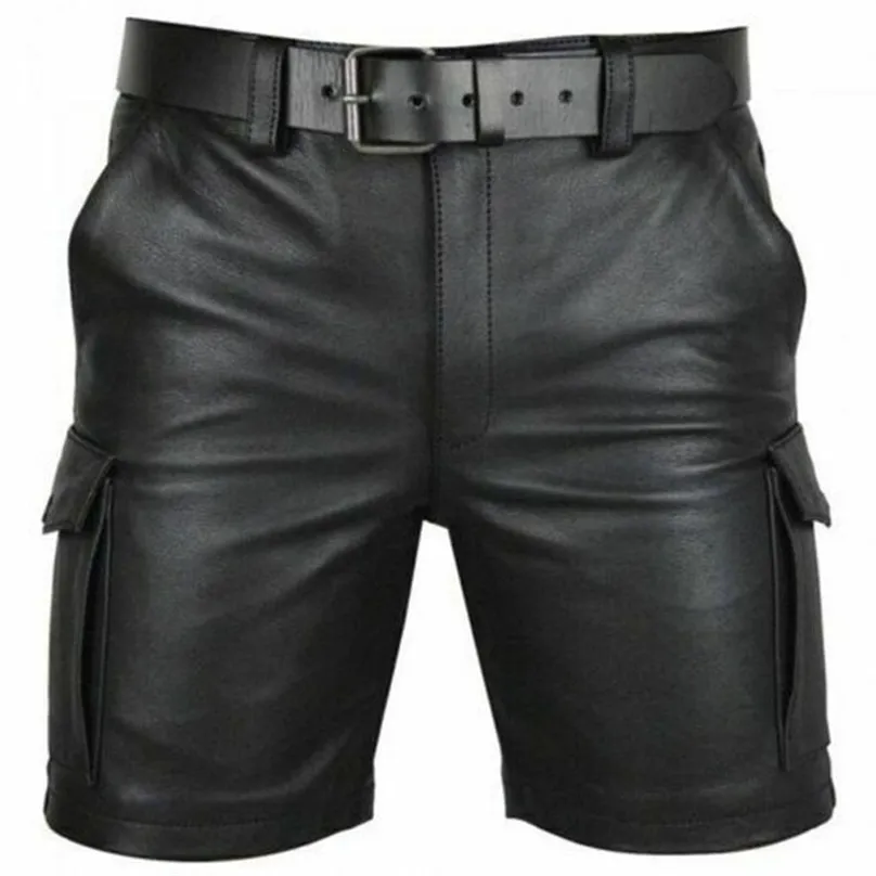 Thoshine Brand Summer Men Leather Shorts Elastic Outerwear Short Pants Male Fashion PU Faux 220318