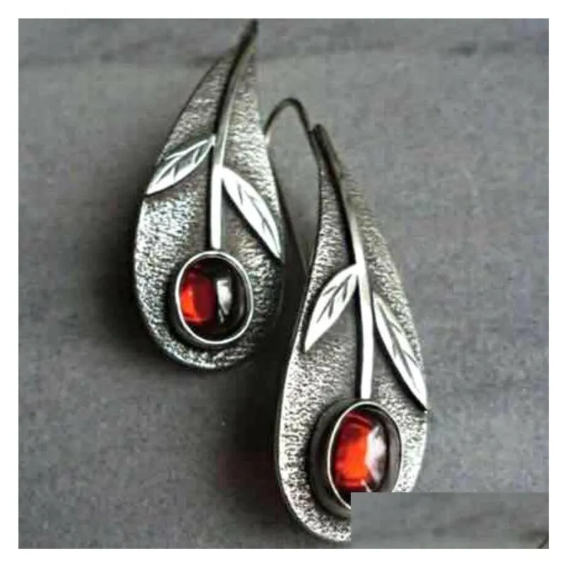 fashion jewelry womens vintage earrings s925 silver pleated red stone leave dangle earrings