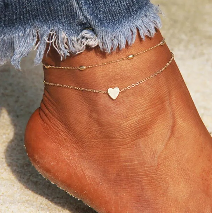 Hot Fashion Jewelry Double Layer Heart Anklet Chain Alloy Beads Ankle Bracelet Beach