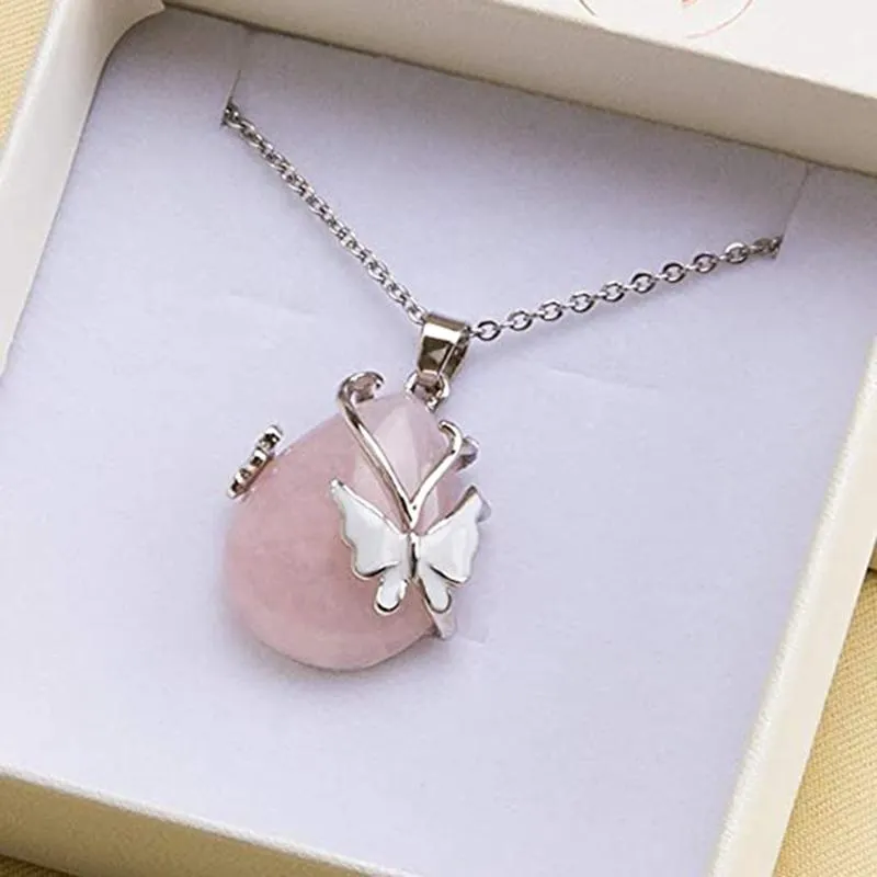 Pendant Necklaces Vintage Wire Wrap Butterfly Gemstone Rose Quartz Amethyst Opalite Healing Crystal Necklace329T