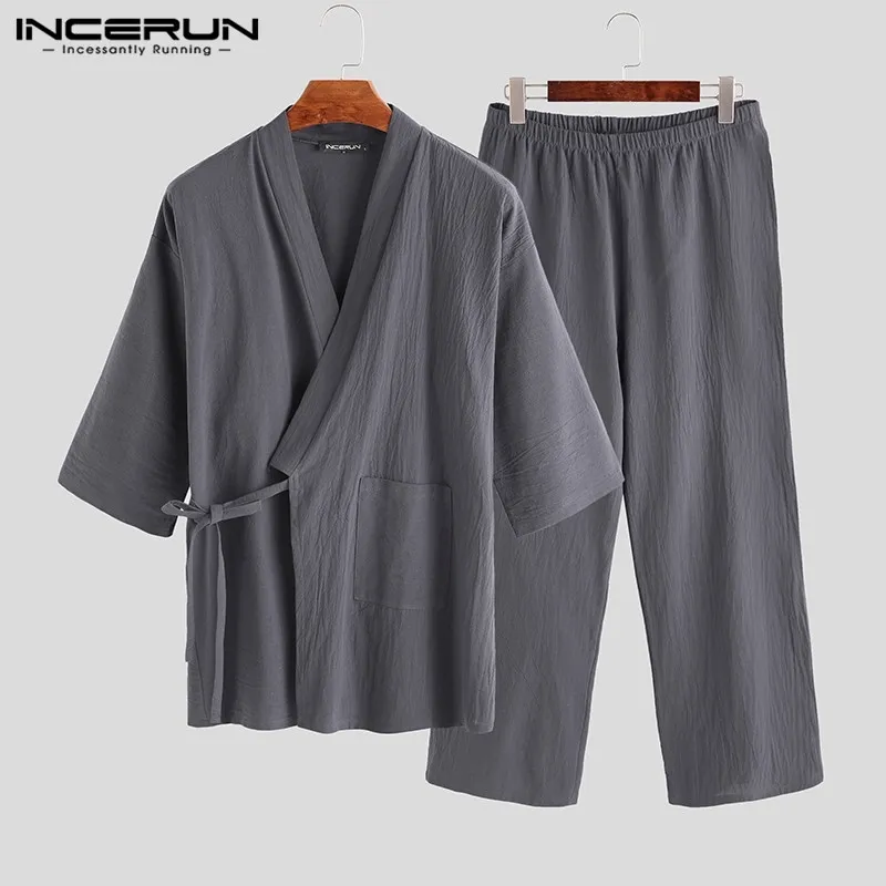 Japanska Mens Kimono Pyjamas Set Male Robe Klänning 2st / set Badrock SleepWear Loose Man Bomull Bekväm 5XL W220331