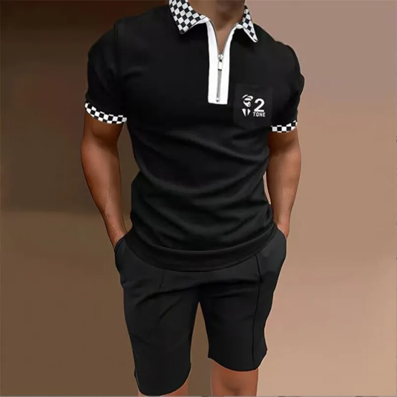 Polo Shirt TwoPiece Set Summer Mens Fashion Lapel Zipper ShortSleeved