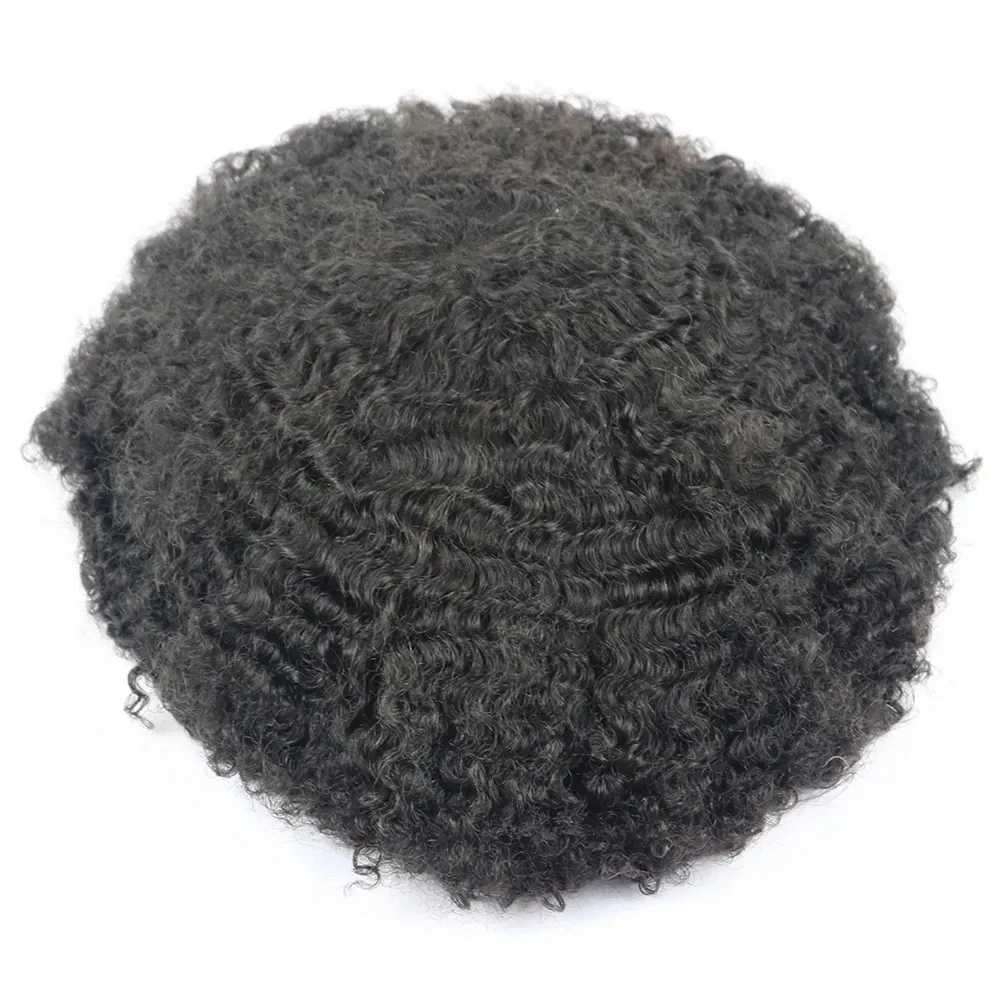 Cienka Skin System Unit Toupees 10 mm głębokie splot Niewidzialny przezroczysty baza afroamerykańska peruki męskie toupee czarni mężczyźni afro curly toupee