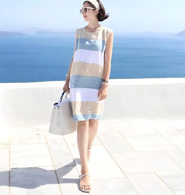 Casual Dresses Cotton Linen Blended Big Stripe Patchwork Sleeveless Sundress 2022 Sommarmysig rak version Kvinnor Robe Beach Dress