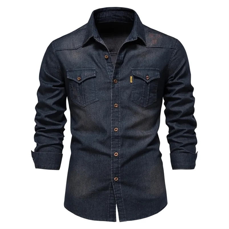 AIOPESON Brand Elastic Cotton Denim Shirt Men Long Sleeve Quality Cowboy Shirts for Men Casual Slim Fit Mens Designer Clothing 220401