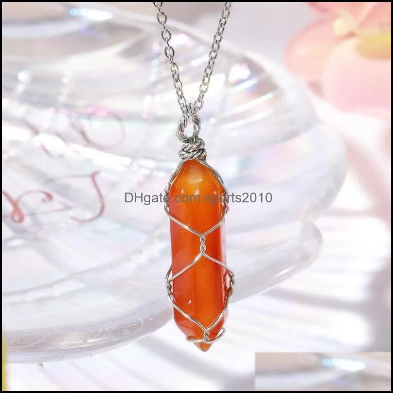 fashion red agate stone hexagonal prism pendant gold wire wrap necklace for women jewelry wholesale