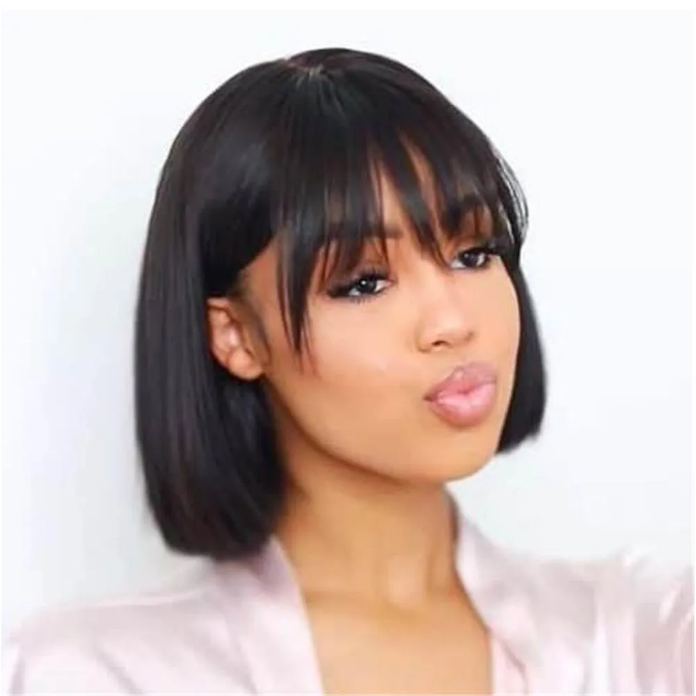 Short Bob Wigs For Black Women Natural color Brazilian Straight Human hair Wigs With Bangs Full Machine Made Glueless Fringe Wig