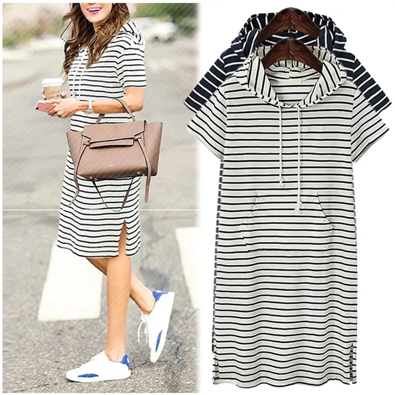 Grande taille Boho Stripe Beach Girl Robe Mode Femmes Summer Short Sleeve Dames Casual 210303