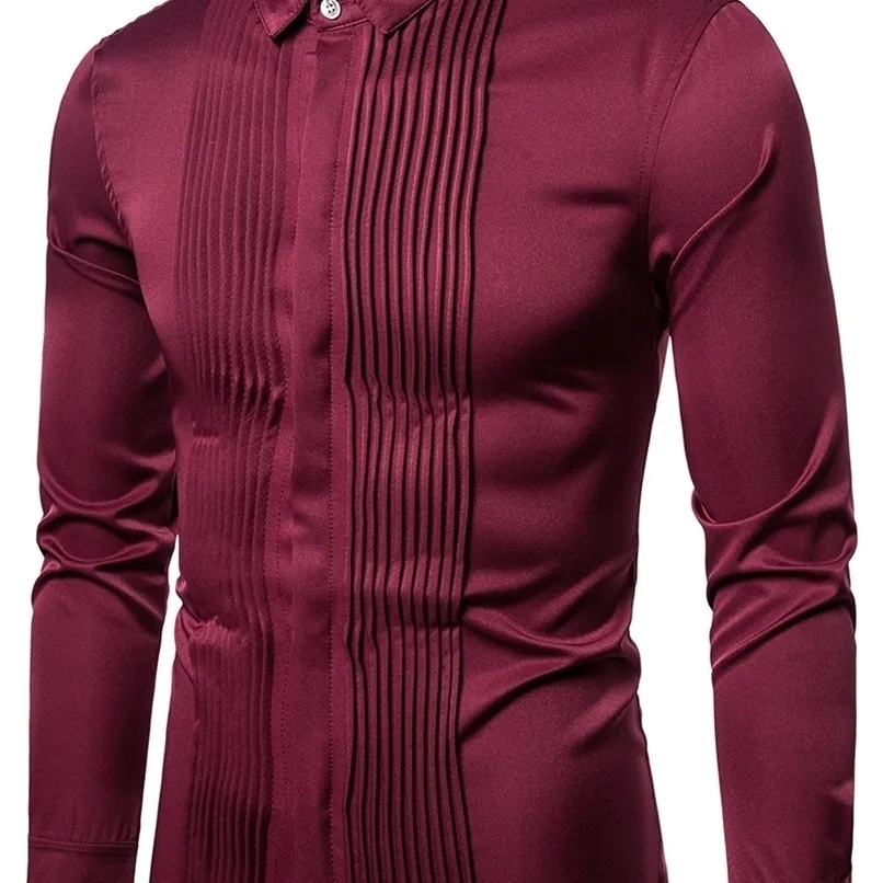 Erkek Smokin Gömlek Ön Pileli Katı Elbise Slim Fit Uzun Kollu Bluz Beyefendi Sağdıç Parti Düğün Tops Siyah Kırmızı Beyaz 220322
