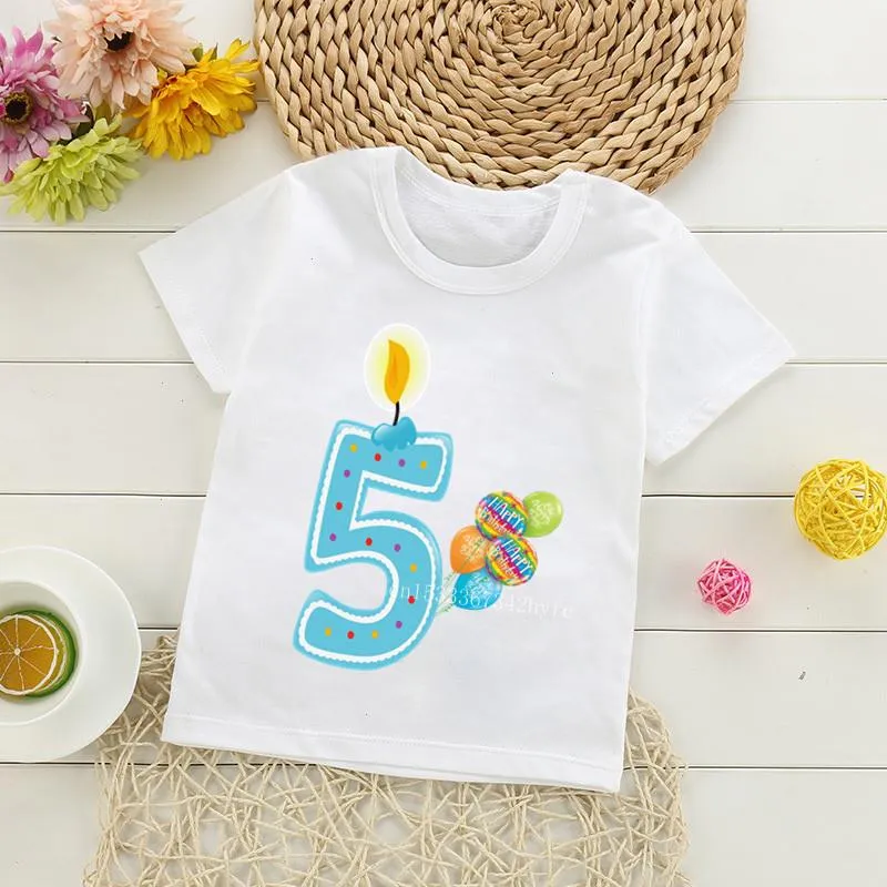 Kids Cartoon 1-9 Candle T-shirt Birthday Number Print T Shirt Children Balloon T-shirts Boy Amp Girl Funny Present