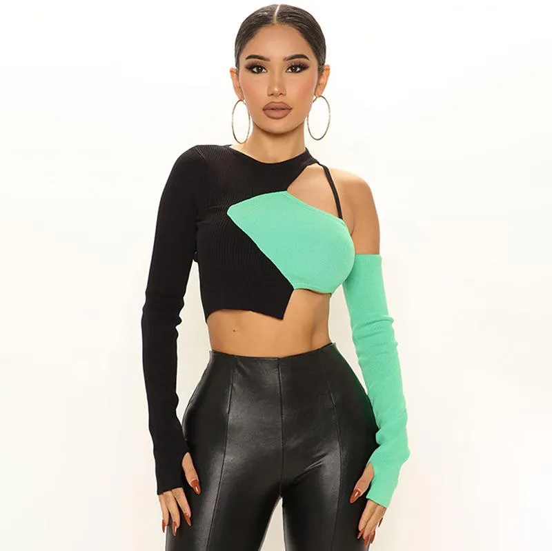 Hirigin Color Block Asymmetrical Crop Top Womens Fashionable Fitted Crop T  Shirt With Rib Knit And Cut Out Long Sleeves From Vanilla01, $14.29