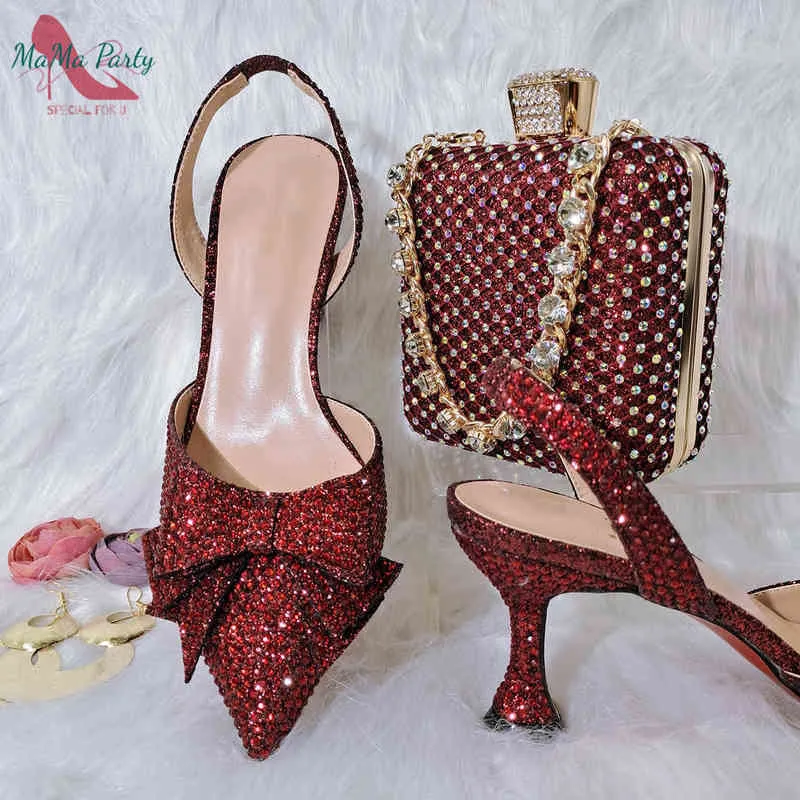 Pretty Italian Women Wine Color Shoes and Bag Set With Crystal Spring Autumn High Quality Lady for Party 220516