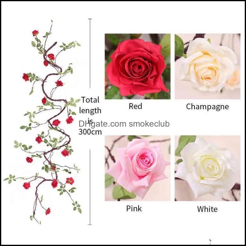 300cm Artificial Rose Vine Hanging Flowers With Green Leaves Fake Plants Silk Rattan Garland For Wedding Home Hotel Party Decor